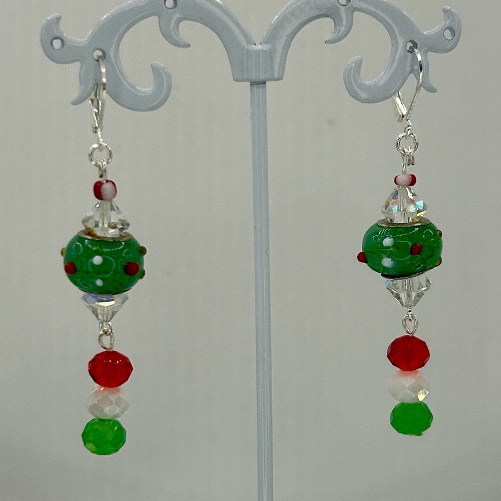 Handmade Green and Red Beaded Earrings